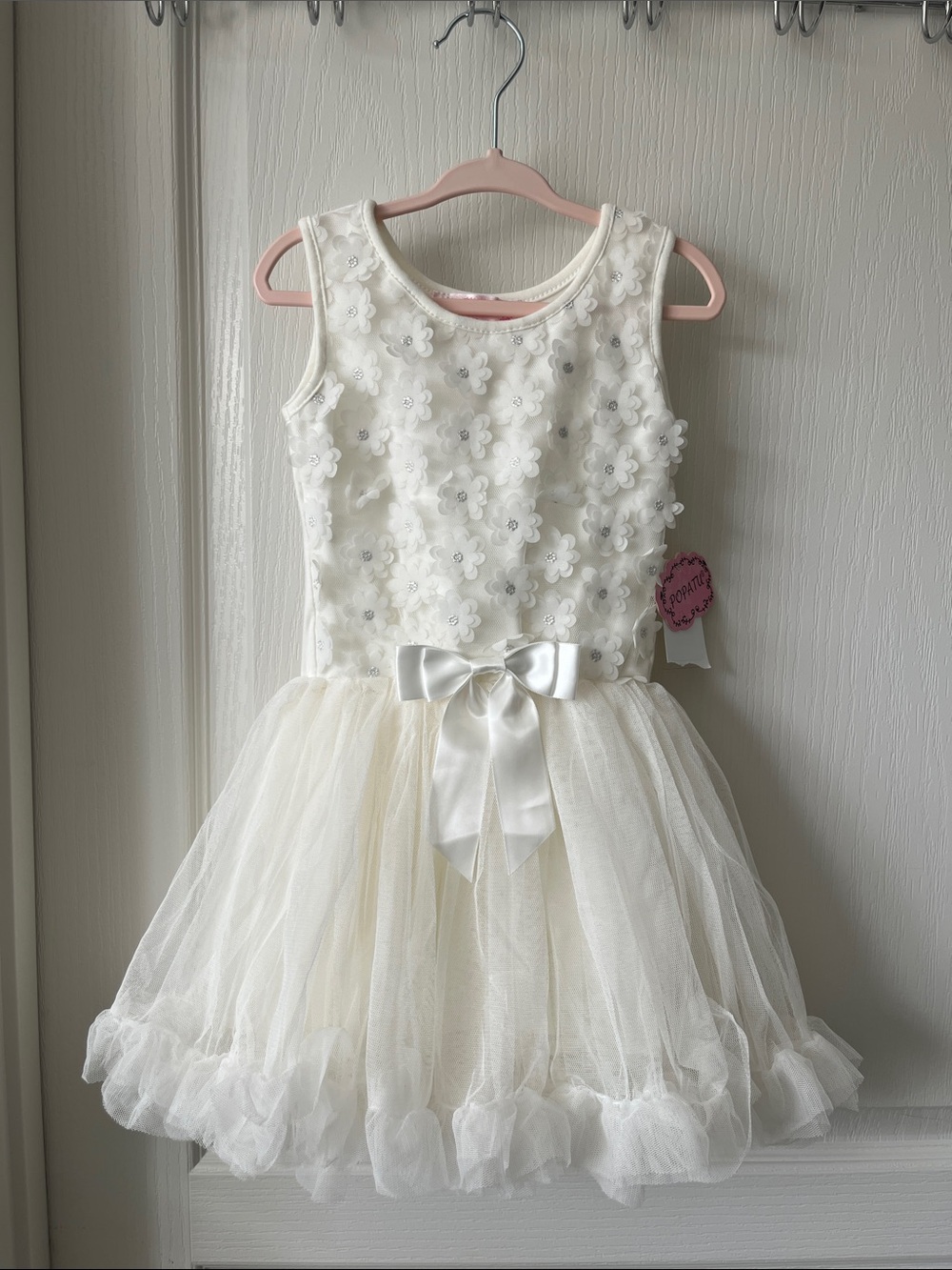 NWT Popatu White Ivory Floral Appliqué Dress with Sparkle Centers